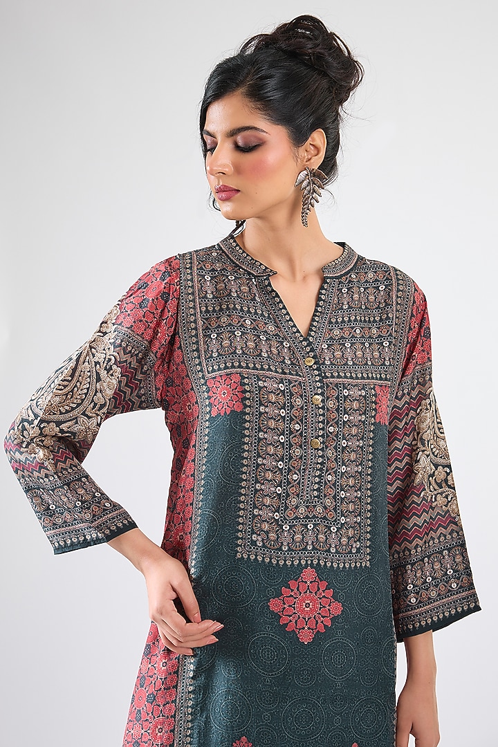 Black & Red Silk Printed Long Tunic Set by Rajdeep Ranawat at Pernia's Pop Up Shop