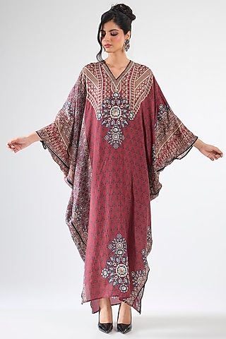 Maroon Silk Kaftan by Rajdeep Ranawat