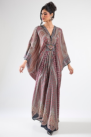 Maroon Silk Printed Kaftan by Rajdeep Ranawat