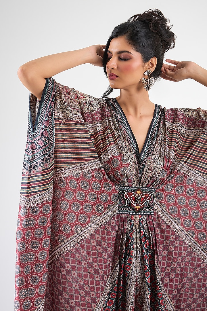 Maroon Silk Printed Kaftan by Rajdeep Ranawat at Pernia's Pop Up Shop