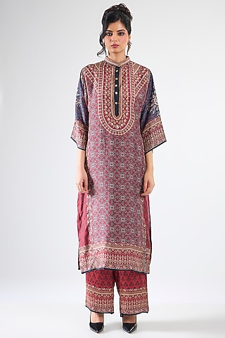 Maroon & Blue Silk Printed Long Tunic Set by Rajdeep Ranawat
