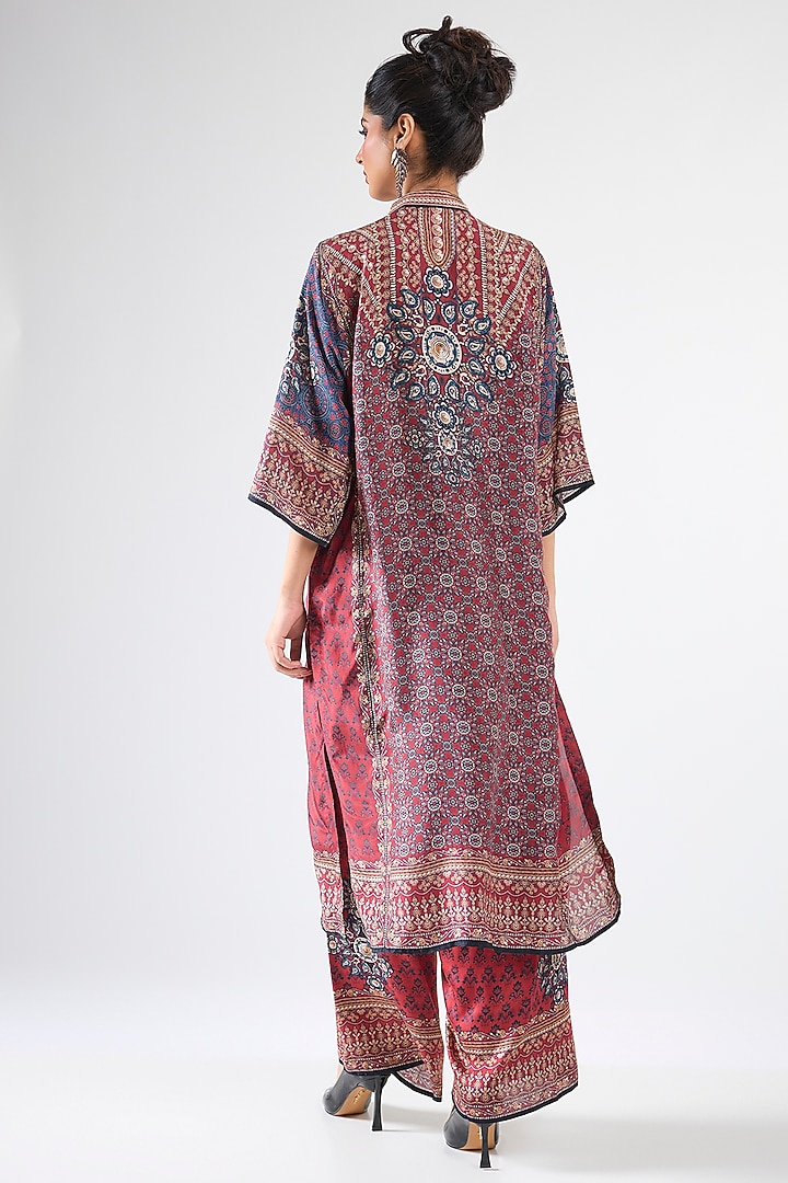 Maroon & Blue Silk Printed Long Tunic Set by Rajdeep Ranawat at Pernia's Pop Up Shop