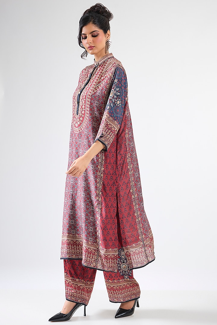 Maroon & Blue Silk Printed Long Tunic Set by Rajdeep Ranawat at Pernia's Pop Up Shop