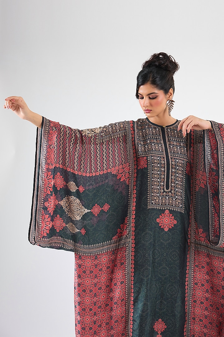 Red & Black Silk Printed Boxy Kaftan by Rajdeep Ranawat at Pernia's Pop Up Shop
