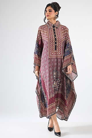 Maroon Silk Boxy Kaftan  by Rajdeep Ranawat