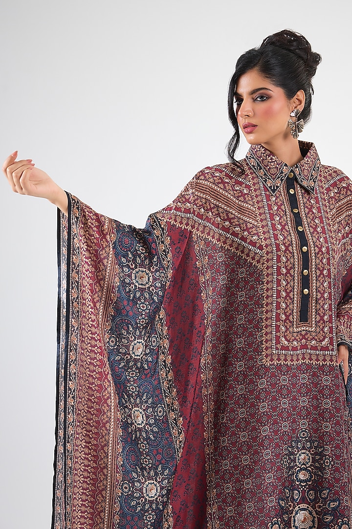 Maroon Silk Boxy Kaftan by Rajdeep Ranawat at Pernia's Pop Up Shop