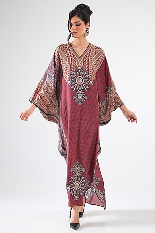 Maroon Silk V-Neck Kaftan by Rajdeep Ranawat