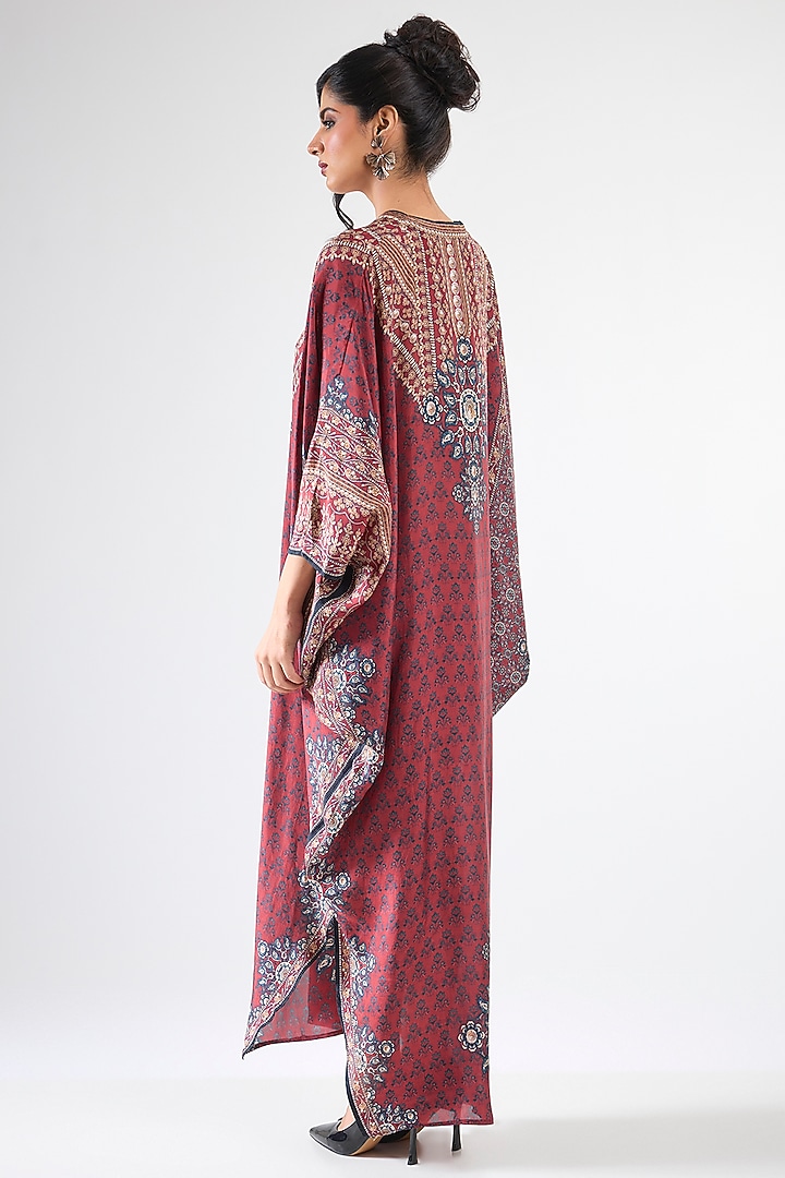 Maroon Silk V-Neck Kaftan by Rajdeep Ranawat at Pernia's Pop Up Shop
