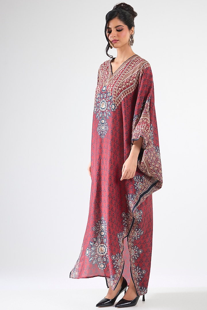 Maroon Silk V-Neck Kaftan by Rajdeep Ranawat at Pernia's Pop Up Shop
