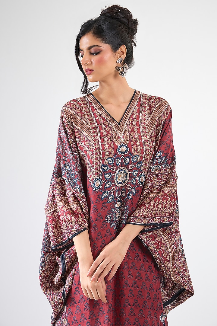Maroon Silk V-Neck Kaftan by Rajdeep Ranawat at Pernia's Pop Up Shop