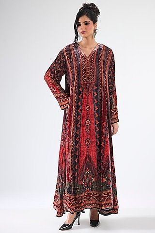 Rust Velvet Paneled Long Tunic by Rajdeep Ranawat
