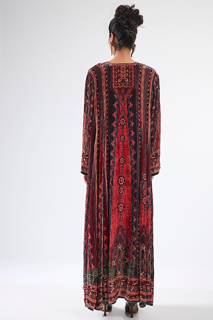 Rust Velvet Paneled Long Tunic by Rajdeep Ranawat at Pernia's Pop Up Shop