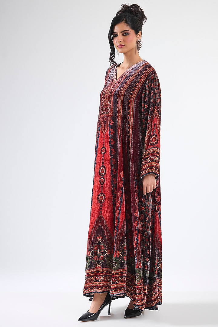 Rust Velvet Paneled Long Tunic by Rajdeep Ranawat at Pernia's Pop Up Shop
