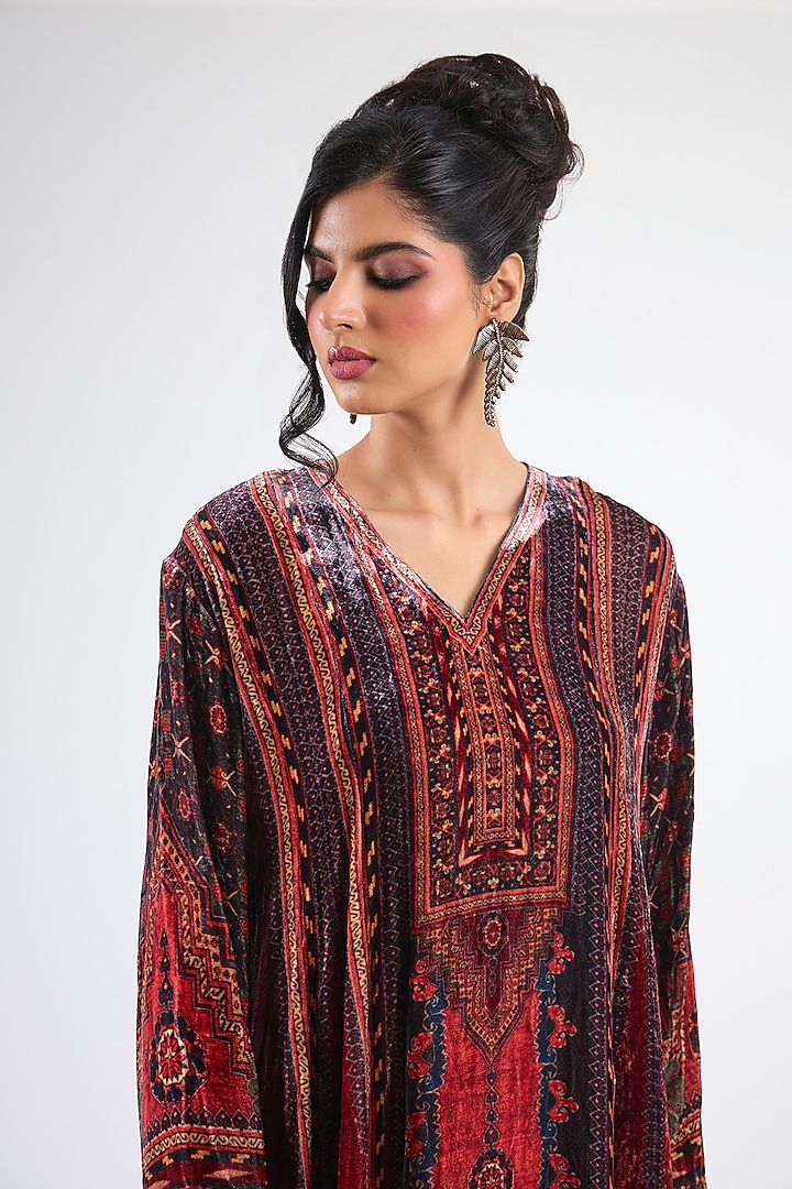 Rust Velvet Paneled Long Tunic by Rajdeep Ranawat at Pernia's Pop Up Shop