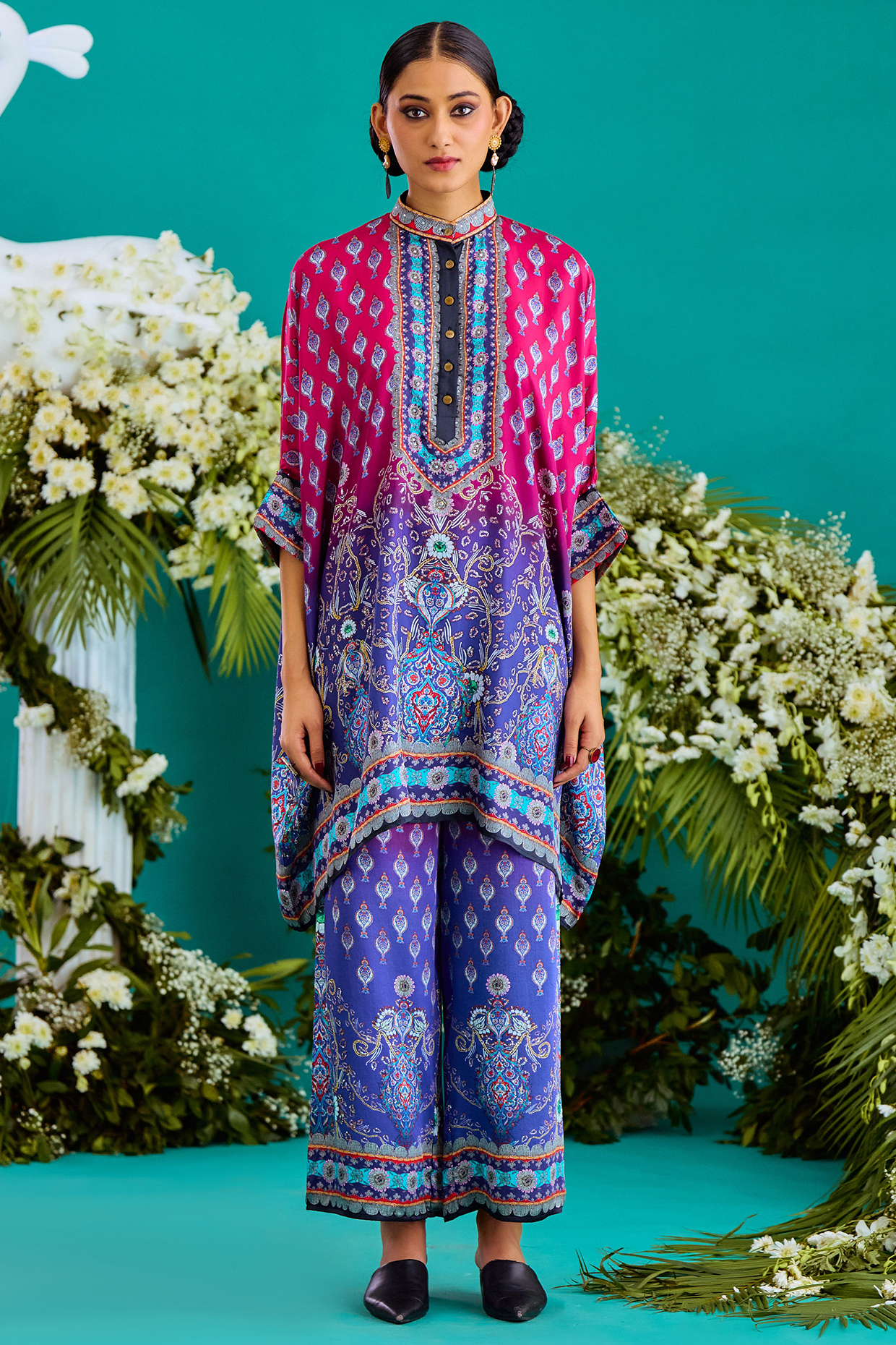 Fuchsia & Purple Silk Printed Tunic Set by Rajdeep Ranawat at Pernia's Pop Up Shop