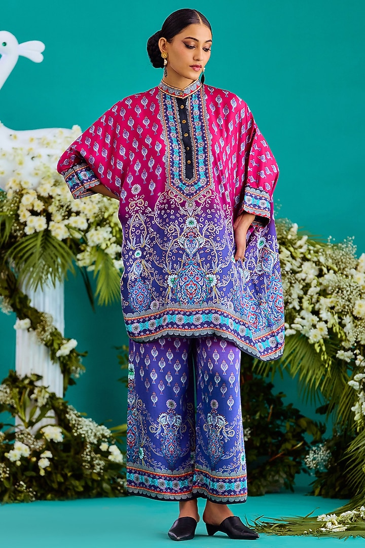 Fuchsia & Purple Silk Printed Tunic Set by Rajdeep Ranawat at Pernia's Pop Up Shop