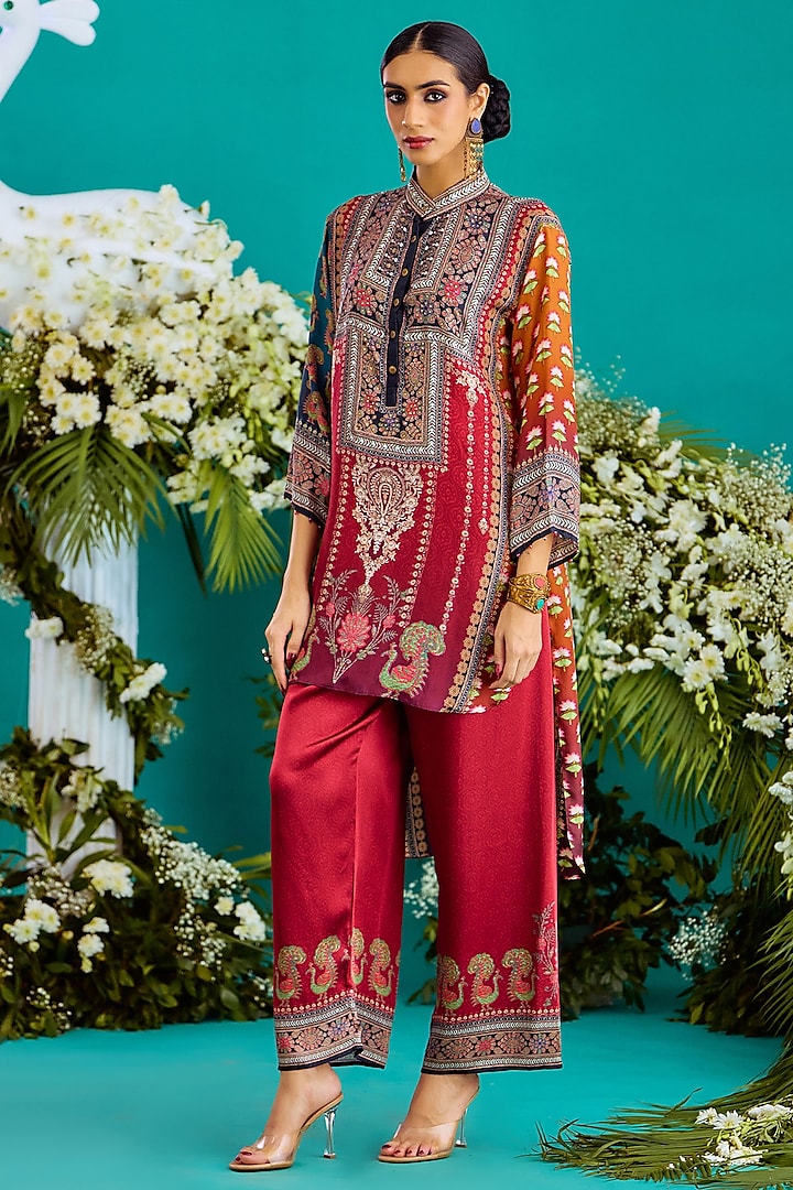 Multi-Colored Silk & Modal Satin High-Low Tunic Set by Rajdeep Ranawat at Pernia's Pop Up Shop
