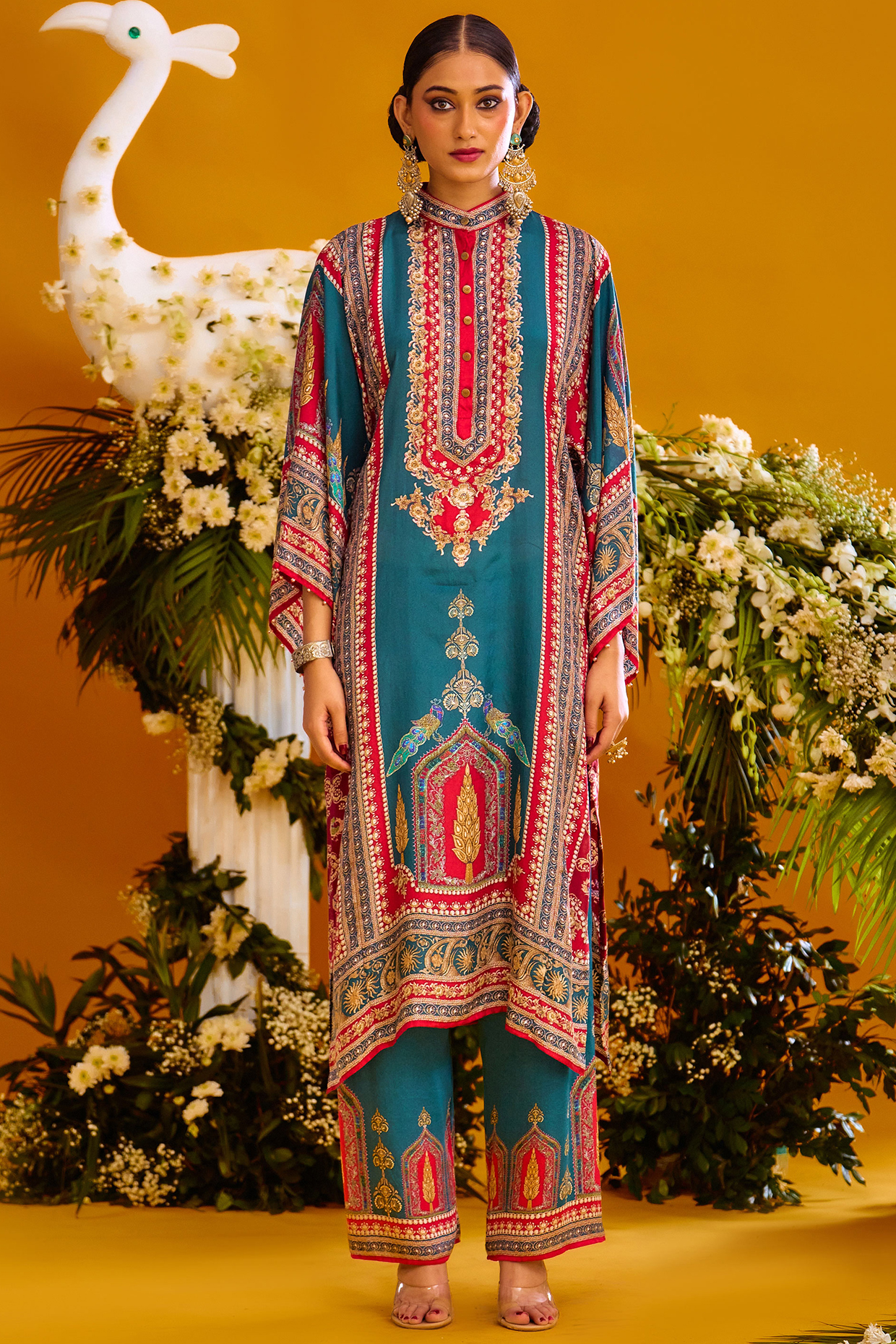 Red & Turquoise Silk Tunic Set by Rajdeep Ranawat at Pernia's Pop Up Shop