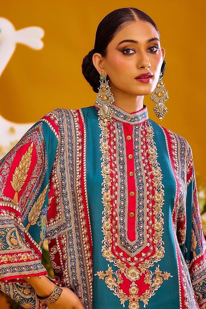 Red & Turquoise Silk Tunic Set by Rajdeep Ranawat at Pernia's Pop Up Shop