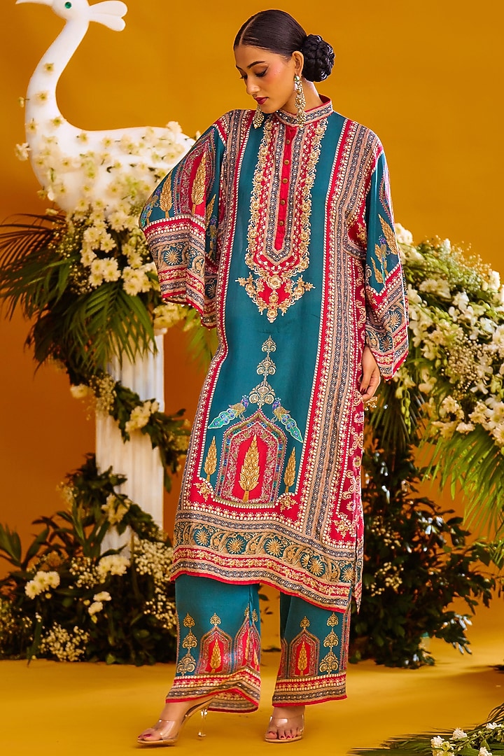 Red & Turquoise Silk Tunic Set by Rajdeep Ranawat at Pernia's Pop Up Shop