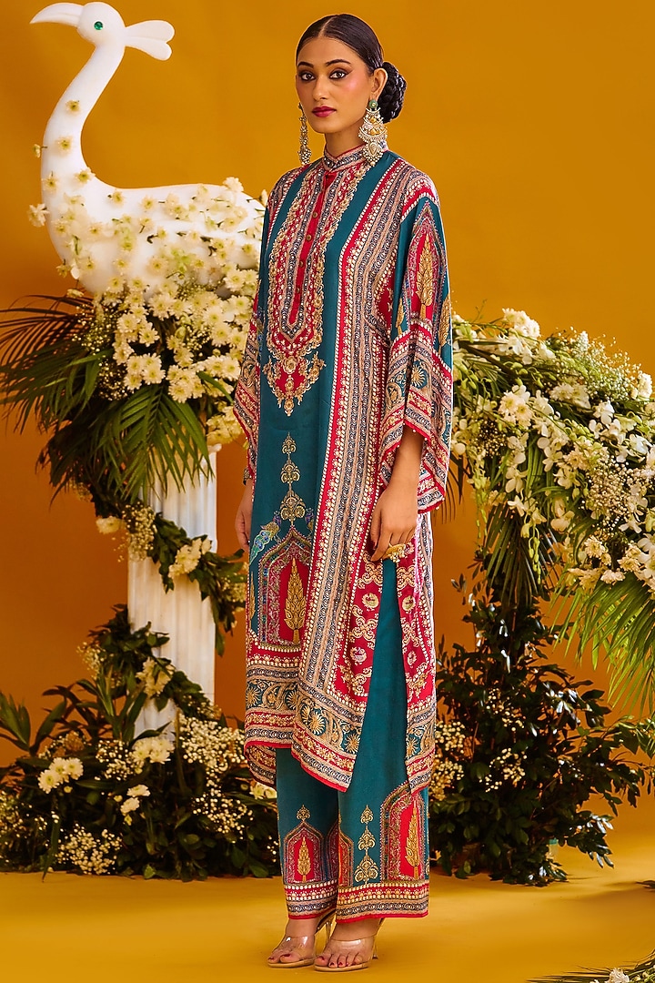 Red & Turquoise Silk Tunic Set by Rajdeep Ranawat at Pernia's Pop Up Shop