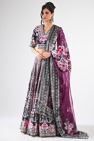 Black & Raspberry Organza Printed Lehenga Set by Rajdeep Ranawat