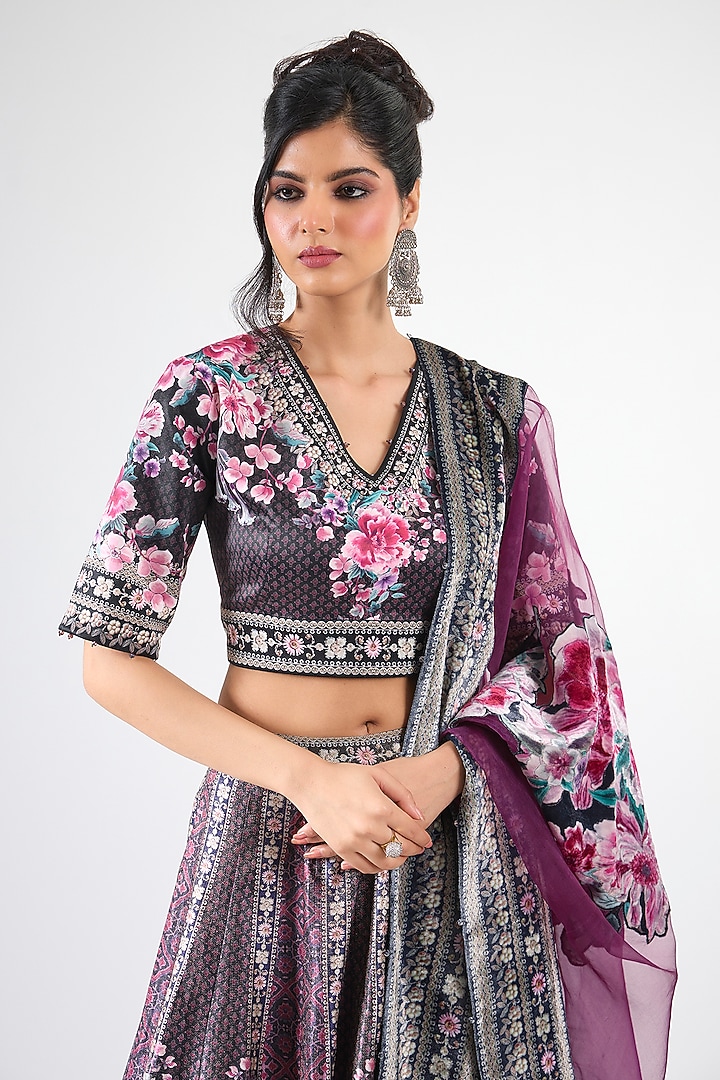 Black & Raspberry Organza Printed Wedding Lehenga Set by Rajdeep Ranawat at Pernia's Pop Up Shop