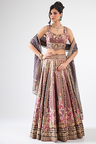 Maroon Brocade Printed Lehenga Set by Rajdeep Ranawat