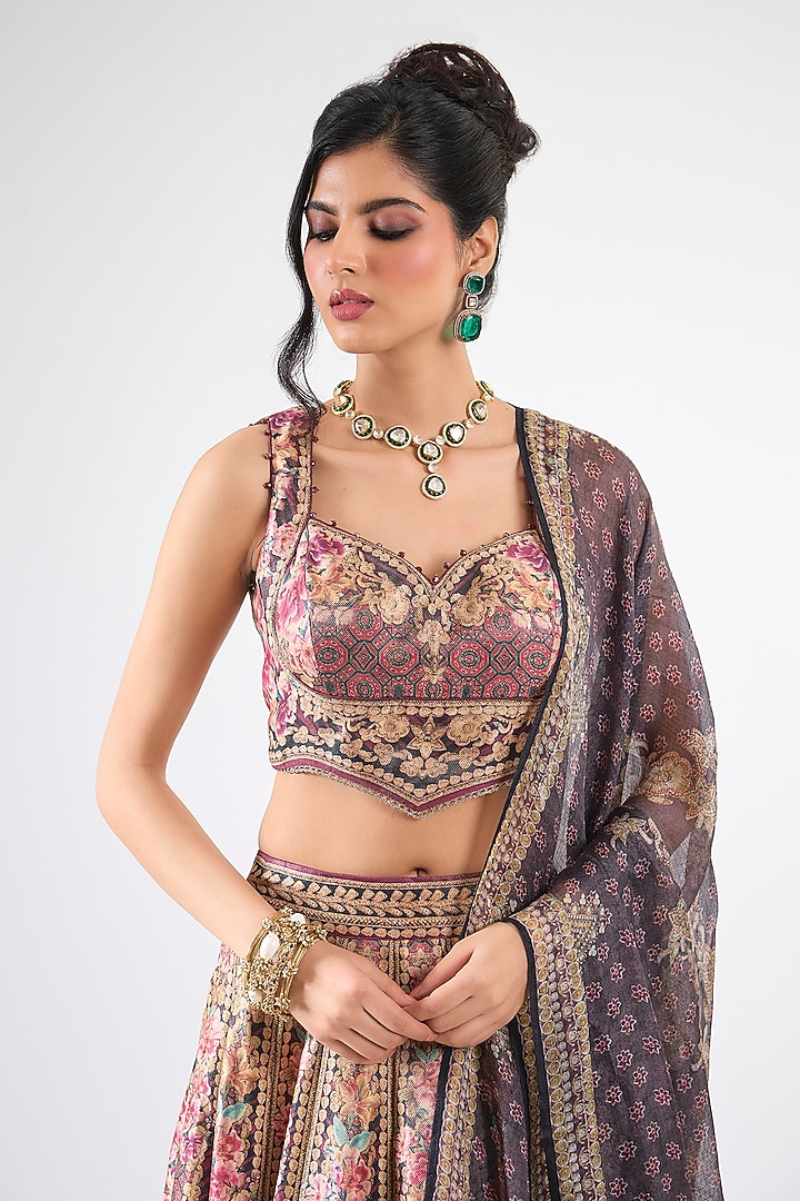 Maroon Brocade Printed Wedding Lehenga Set by Rajdeep Ranawat at Pernia's Pop Up Shop