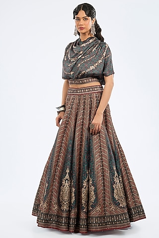Blue & Maroon Modal Satin Printed Skirt Set by Rajdeep Ranawat