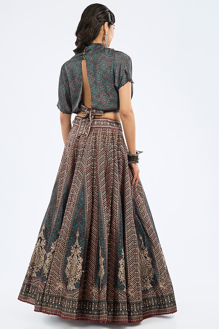 Blue & Maroon Modal Satin Printed Skirt Set by Rajdeep Ranawat at Pernia's Pop Up Shop