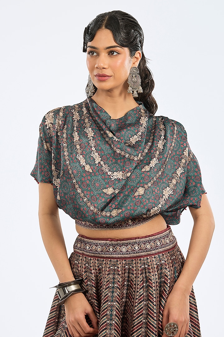Blue & Maroon Modal Satin Printed Skirt Set by Rajdeep Ranawat at Pernia's Pop Up Shop