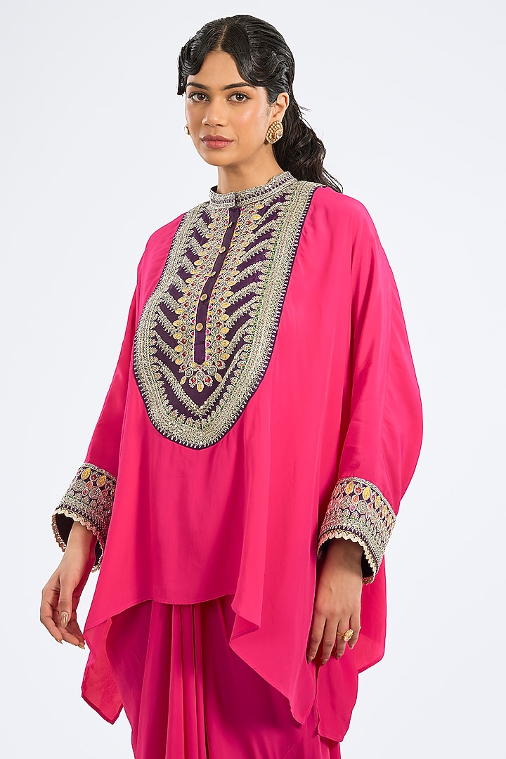 Fuchsia Bemberg Crepe Draped Skirt Set by Rajdeep Ranawat at Pernia's Pop Up Shop