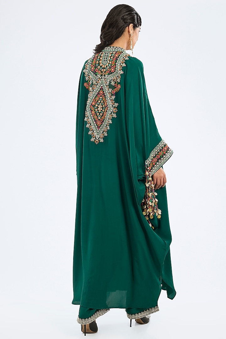 Emerald Green Bemberg Crepe Embroidered Kaftan Set by Rajdeep Ranawat at Pernia's Pop Up Shop