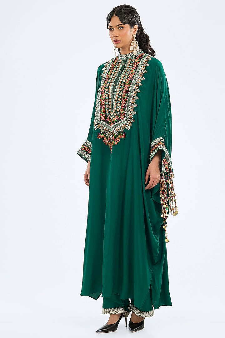 Emerald Green Bemberg Crepe Embroidered Kaftan Set by Rajdeep Ranawat at Pernia's Pop Up Shop