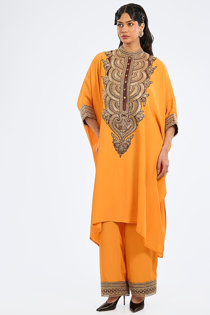 Mustard Bemberg Crepe Embroidered Tunic Set by Rajdeep Ranawat at Pernia's Pop Up Shop