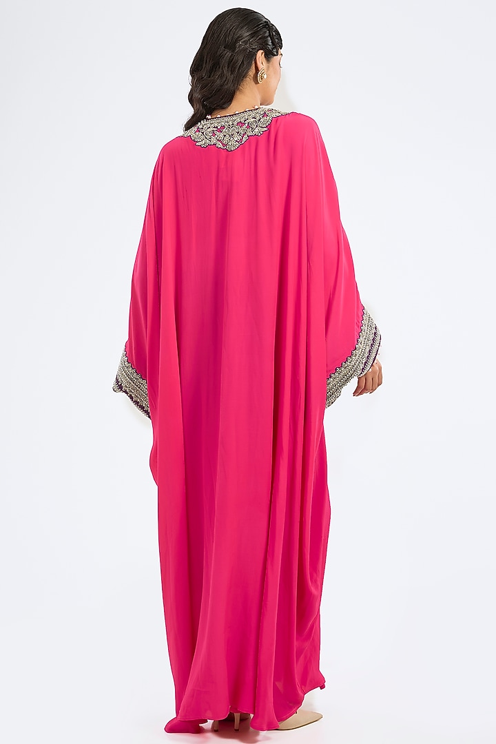 Fuchsia Bemberg Crepe Embroidered Kaftan by Rajdeep Ranawat at Pernia's Pop Up Shop