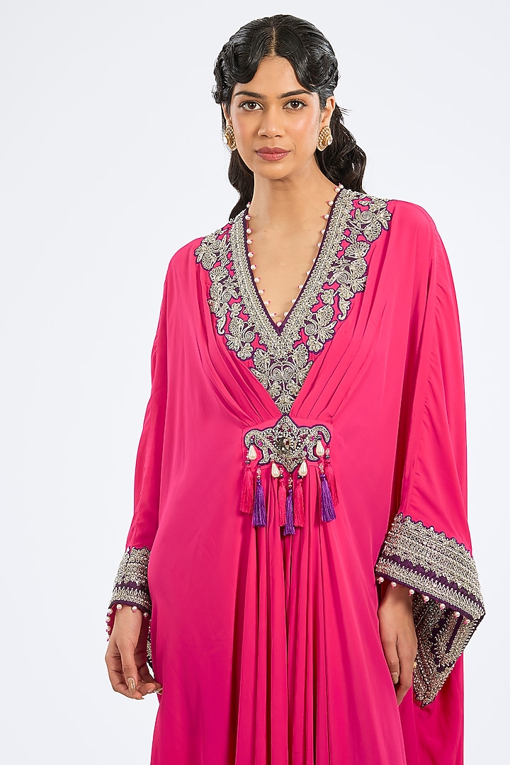 Fuchsia Bemberg Crepe Embroidered Kaftan by Rajdeep Ranawat at Pernia's Pop Up Shop