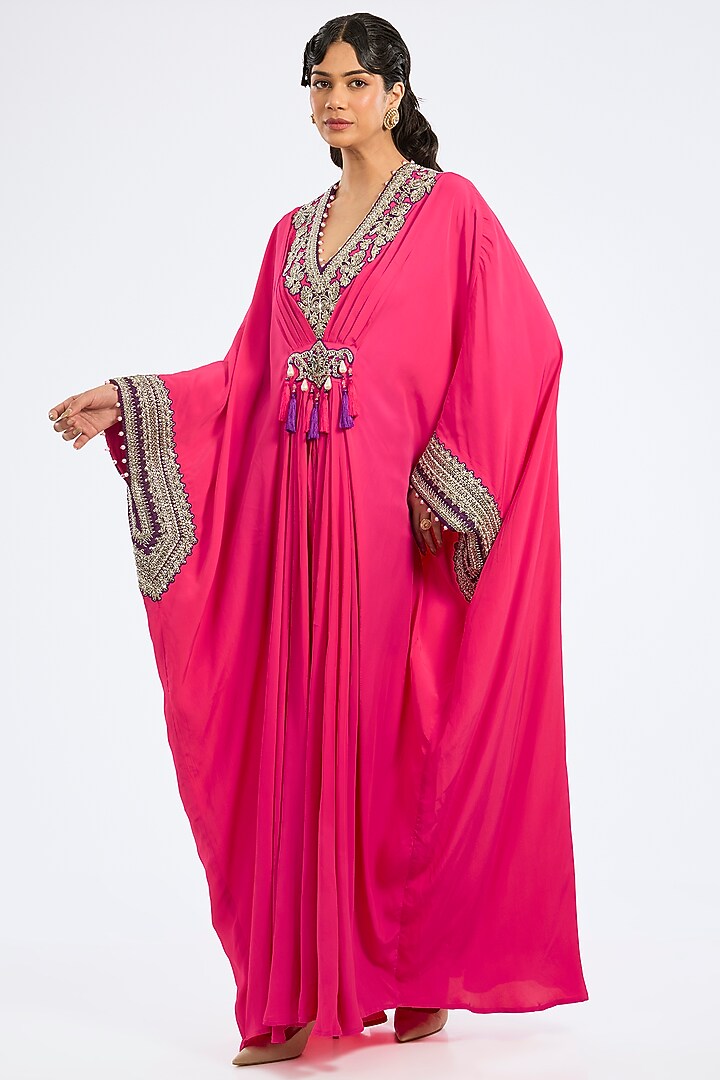 Fuchsia Bemberg Crepe Embroidered Kaftan by Rajdeep Ranawat at Pernia's Pop Up Shop