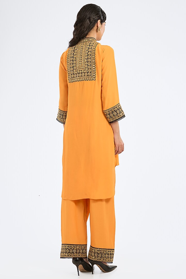 Mustard Bemberg Crepe Embroidered High-Low Tunic Set by Rajdeep Ranawat at Pernia's Pop Up Shop