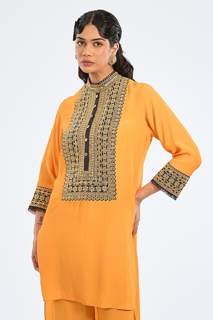 Mustard Bemberg Crepe Embroidered High-Low Tunic Set by Rajdeep Ranawat at Pernia's Pop Up Shop