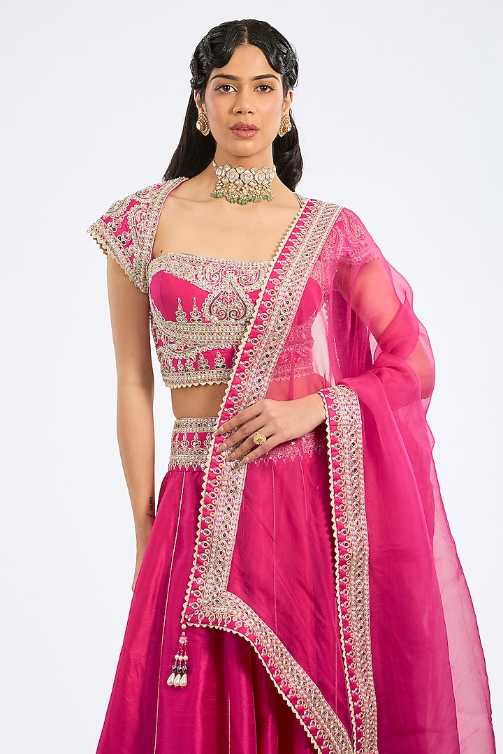 Fuchsia Poly Dupion Embroidered Wedding Lehenga Set by Rajdeep Ranawat at Pernia's Pop Up Shop