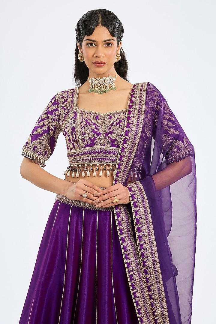 Purple Poly Dupion Embroidered Wedding Lehenga Set by Rajdeep Ranawat at Pernia's Pop Up Shop