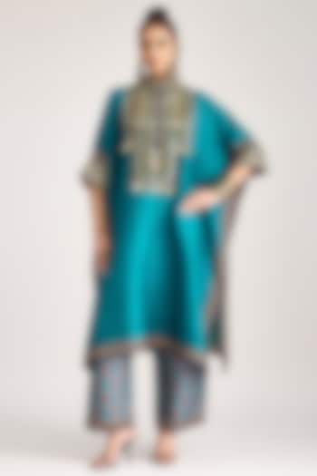 Turquoise Silk Dupion Printed Pants by Rajdeep Ranawat at Pernia's Pop Up Shop
