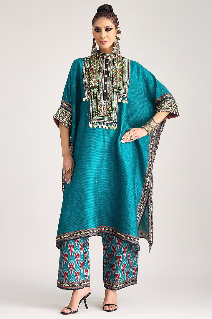 Turquoise Silk Dupion Printed Pants by Rajdeep Ranawat at Pernia's Pop Up Shop