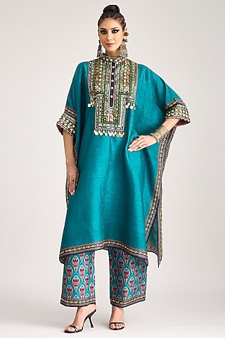 Turquoise Silk Dupion Printed Pants by Rajdeep Ranawat