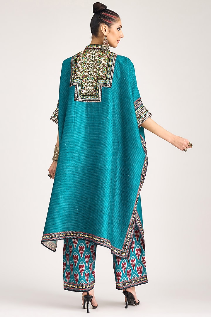 Turquoise Silk Dupion Printed Pants by Rajdeep Ranawat at Pernia's Pop Up Shop