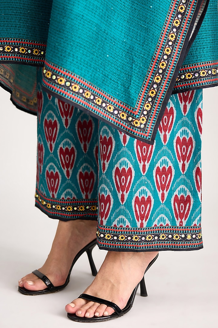 Turquoise Silk Dupion Printed Pants by Rajdeep Ranawat at Pernia's Pop Up Shop