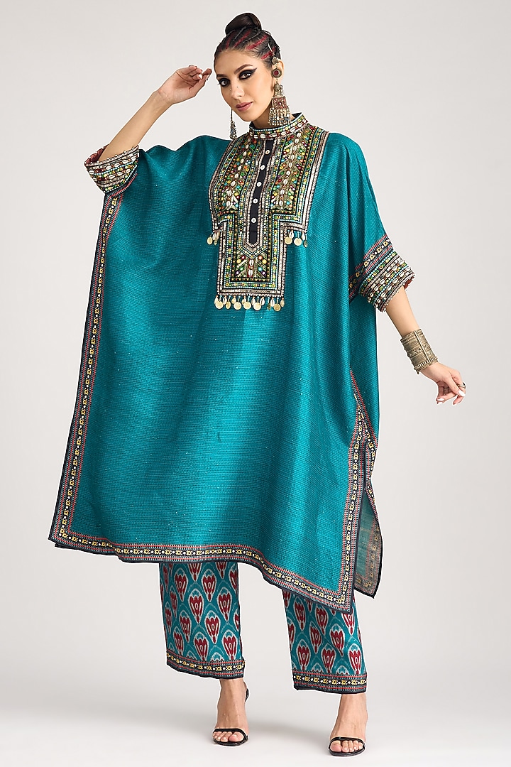 Turquoise Silk Dupion Printed Pants by Rajdeep Ranawat at Pernia's Pop Up Shop