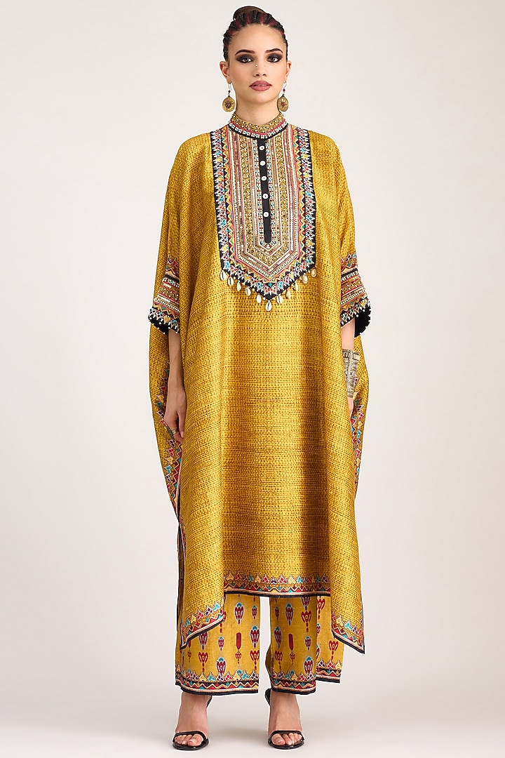 Mustard Silk Dupion Printed & Embroidered Boxy Kaftan by Rajdeep Ranawat at Pernia's Pop Up Shop